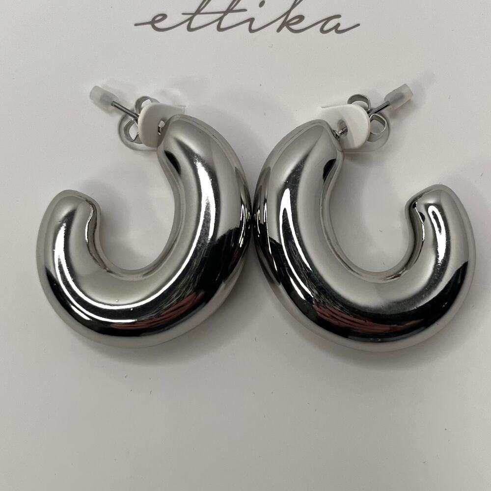 Ettika Silver Half Circle Chunky Pierced Hoop Earrings Revolve Minimalist NWT